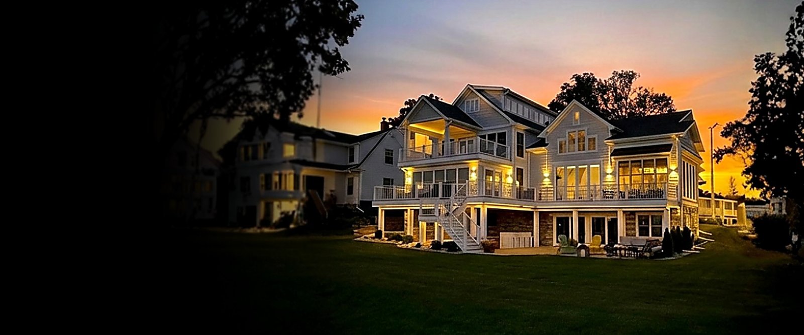 The finished Burlington lakehouse at sunset
