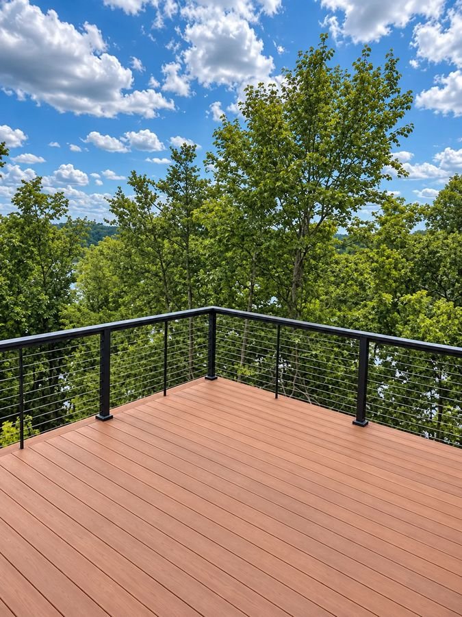 Composite deck with black cable railing in the treetops under a blue summer sky