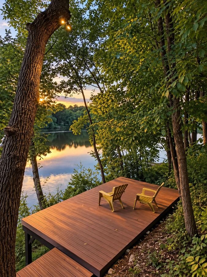 Platform deck with two chairs above the shoreline, the sunset reflected in the water